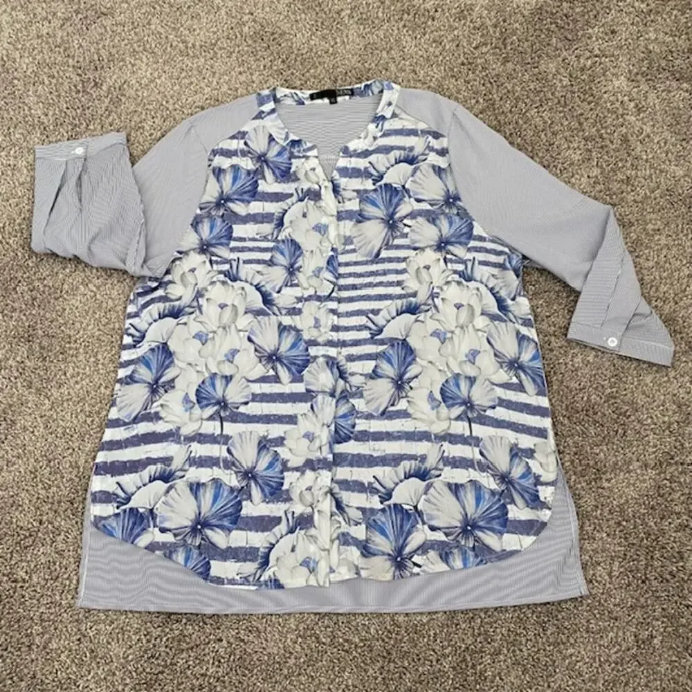 Ness Tunic Button Down Cut‎ Collar Roll Tab Sleeves Striped Floral Women's XL - Picture 11 of 13